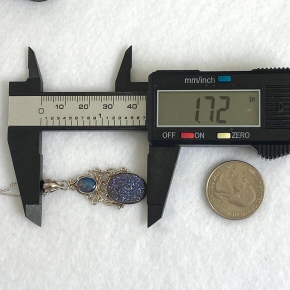 Sterling Silver 925 Oval Opal Titanium Druzy Scrollwork Pendant Necklace 18" - Picture 13 of 16